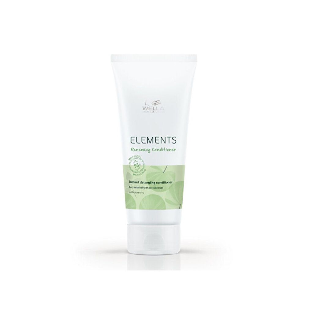 Tubo di balsamo Wella Elements. Bianco con fascia verde. Nome del prodotto e logo visibili.