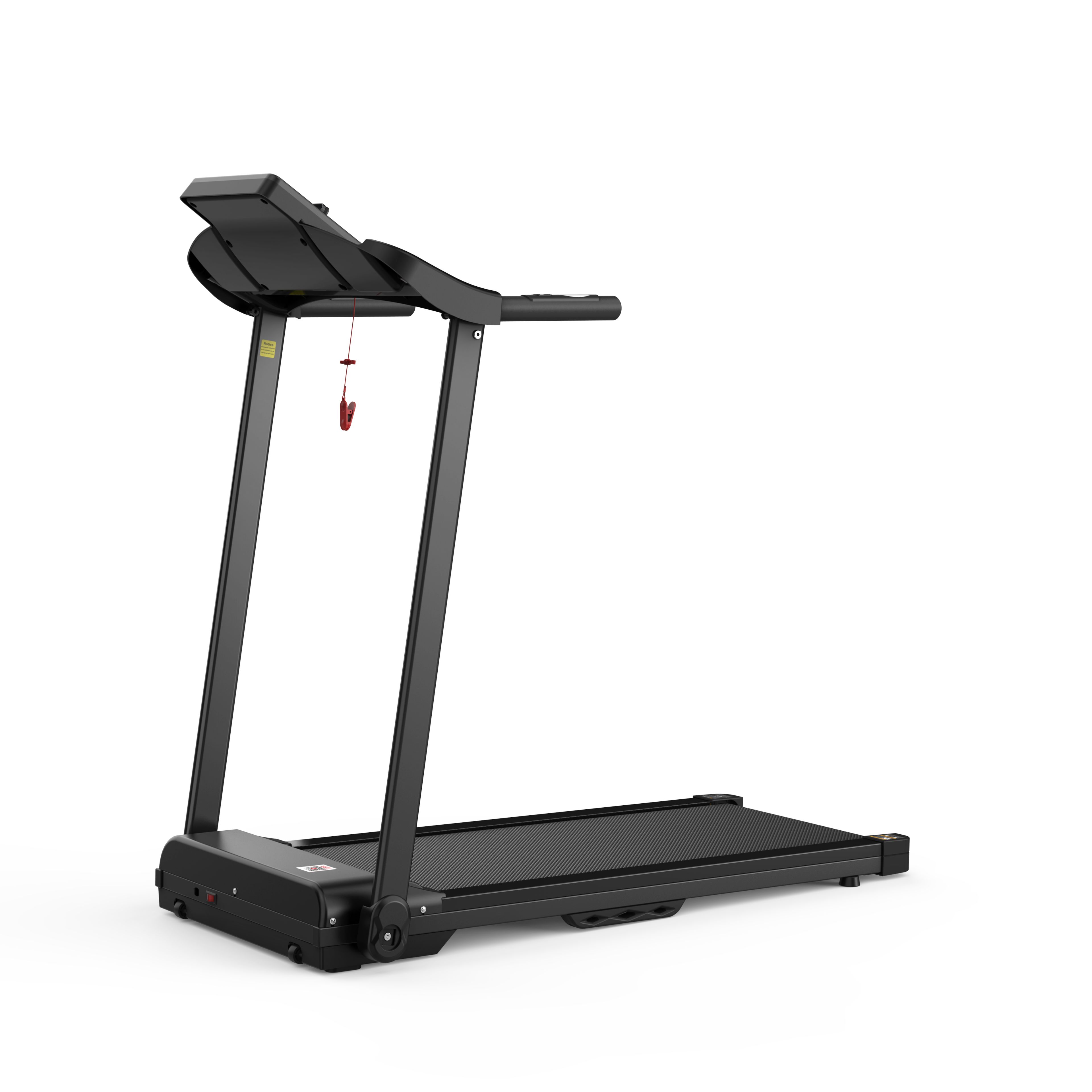 Tapis roulant pieghevole nero. Con display e maniglie. Clip di sicurezza rosso.