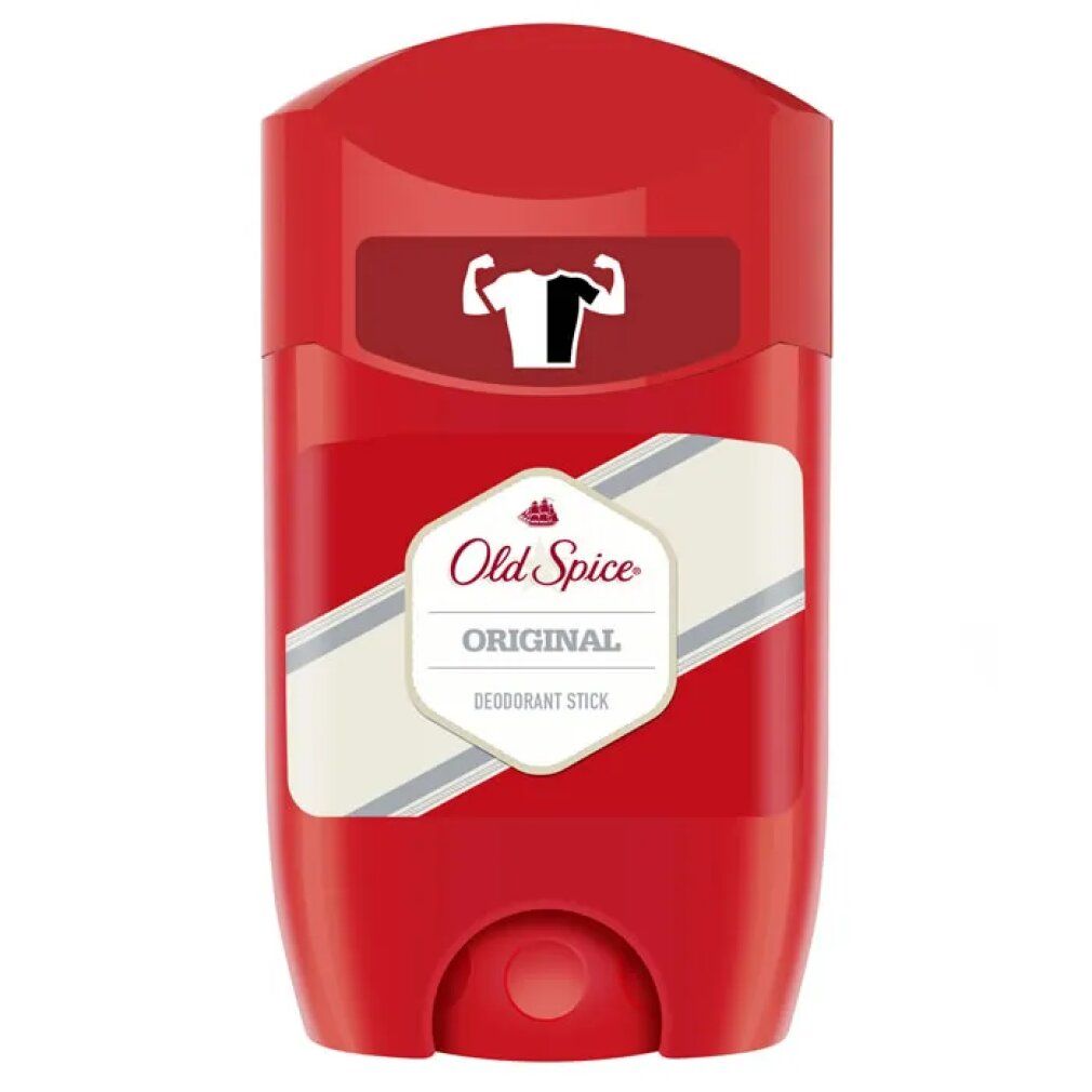 Stick deodorante rosso con etichetta bianca. Scritta: Old Spice Original, Deodorant Stick. Sopra: Simbolo muscolare.