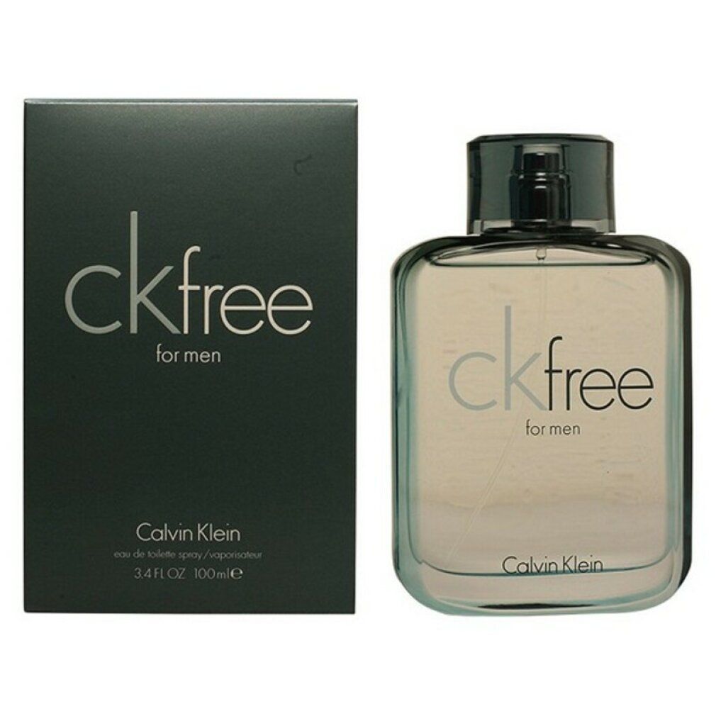 Flacone e scatola Calvin Klein ck free for men. Flacone quadrato, vetro chiaro. Scatola verde scuro con logo e testo.