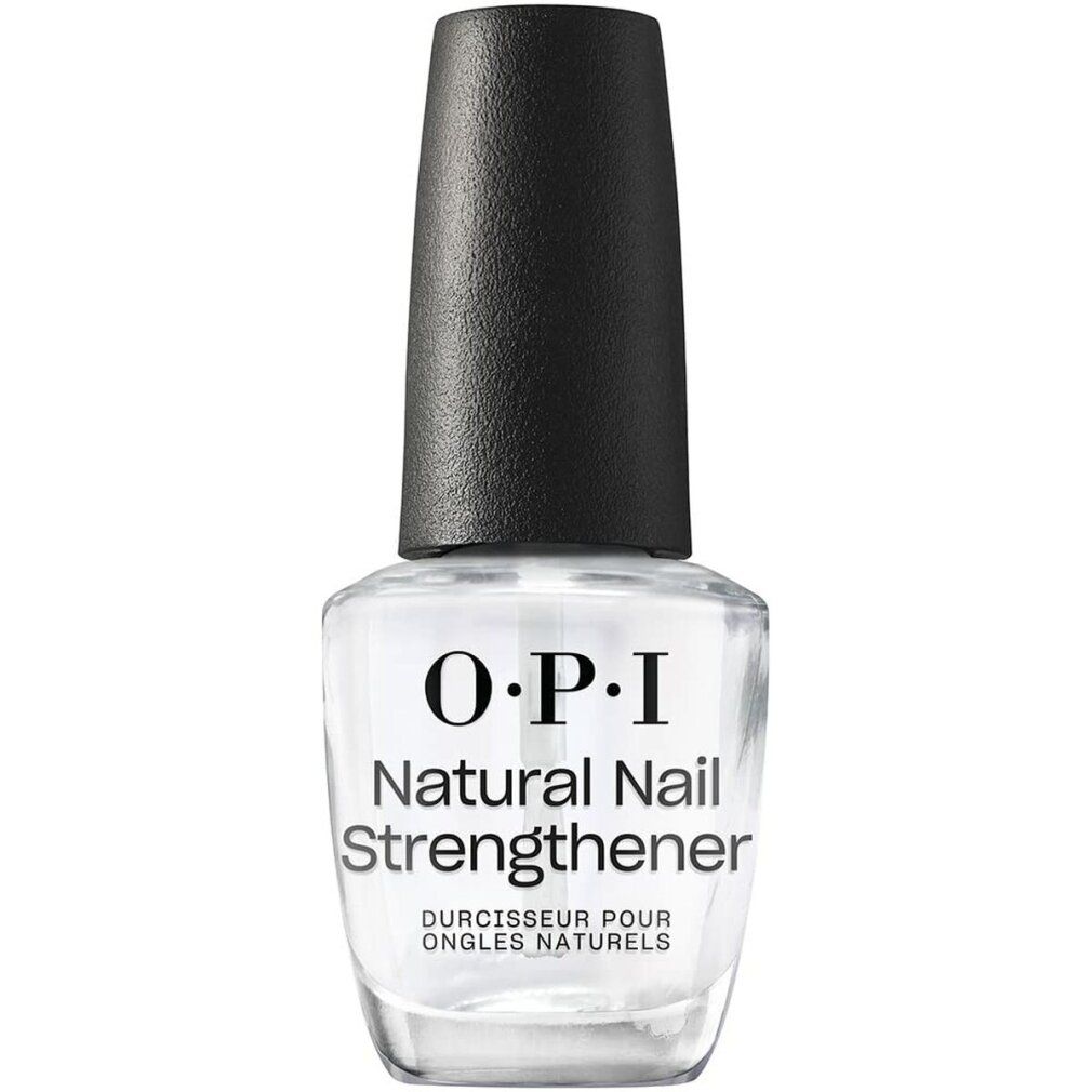 Flacone di smalto trasparente con tappo nero. Etichetta O.P.I Natural Nail Strengthener. Scritta francese: Durcisseur pour ongles naturels.