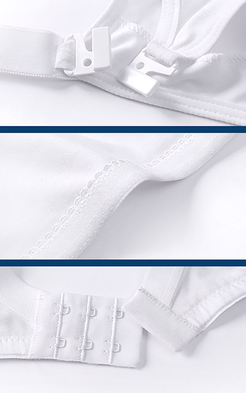 Primi piani di reggiseno allattamento bianco. Chiusura a clip, dettagli cuciture, chiusura a gancio.