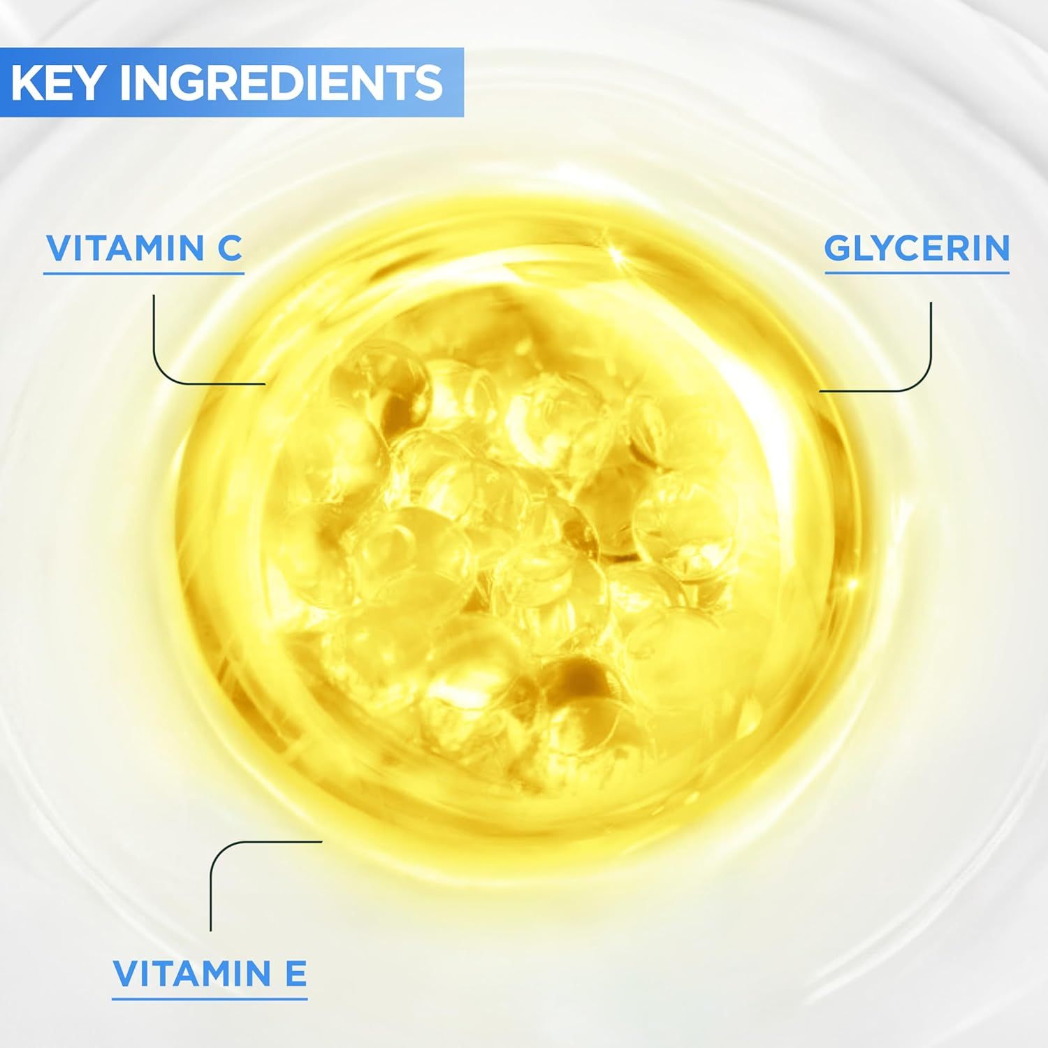Primo piano di liquidi gialli con i testi Vitamina C, Glicerina e Vitamina E. Sfondo bianco.