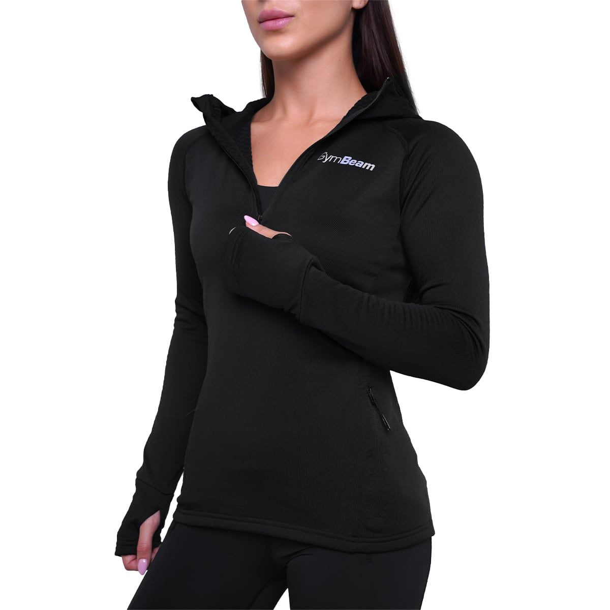 GymBeam Felpa Pulse Running donna slim 1/2 zip con cappuccio Black