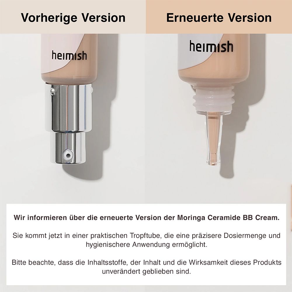 Confronto tra le vecchie e le nuove confezioni di BB Moringa Ceramide BB Cream con tubetto contagocce.
