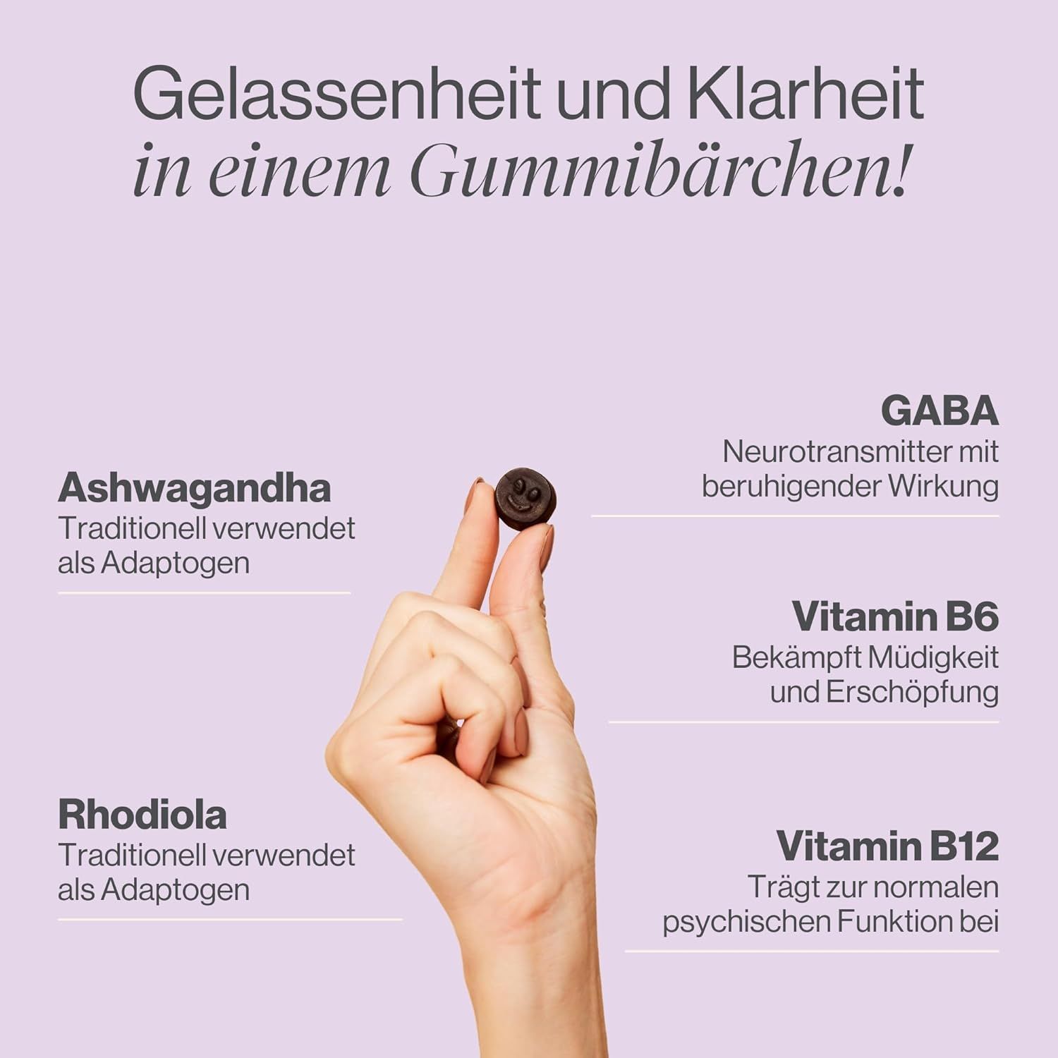 Mano che tiene una caramella gommosa. Ingredienti: Ashwagandha, GABA, vitamina B6, Rodiola, vitamina B12.
