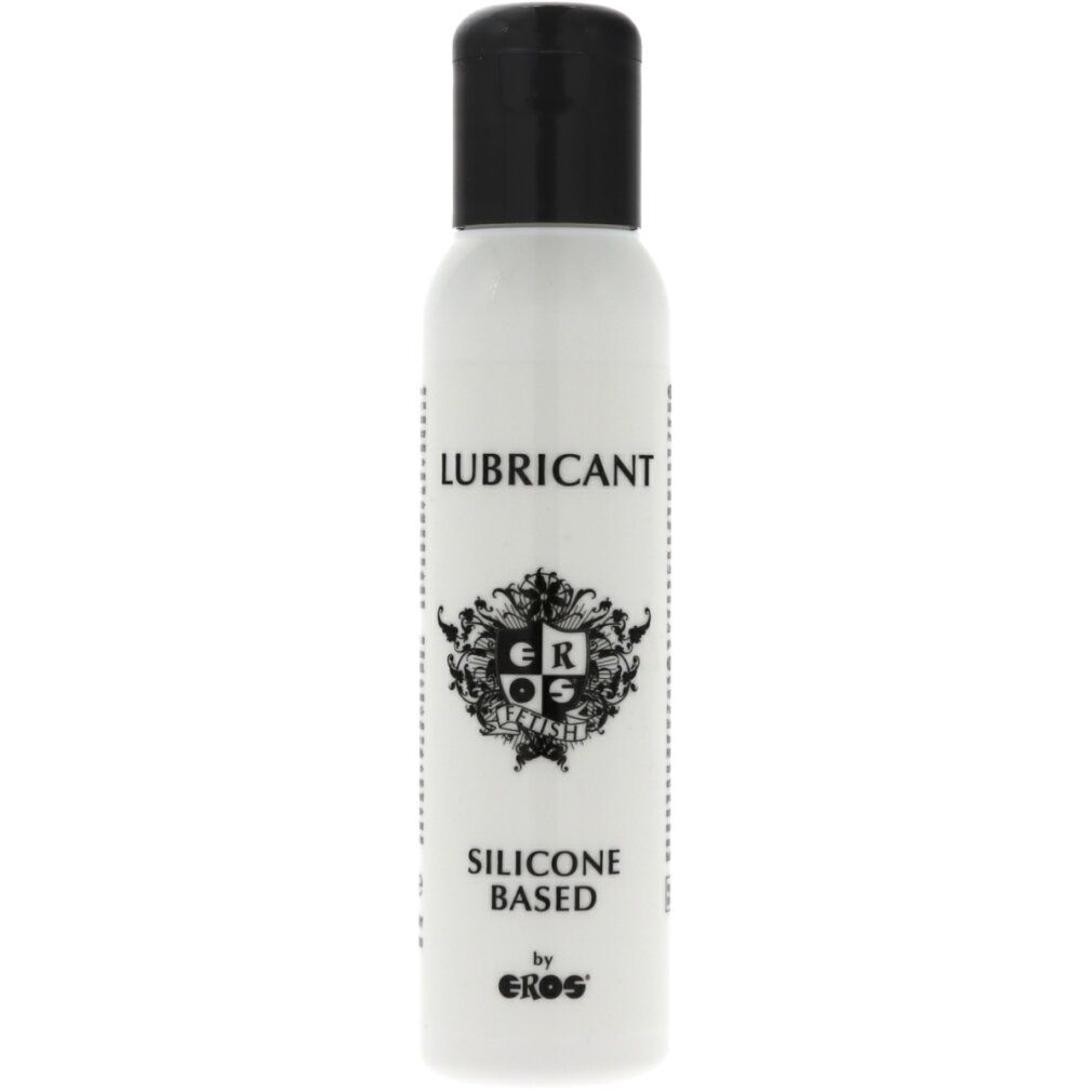 Flacone bianco con tappo nero. Scritta: LUBRICANT, SILICONE BASED, by EROS. Logo GR e ornamenti.