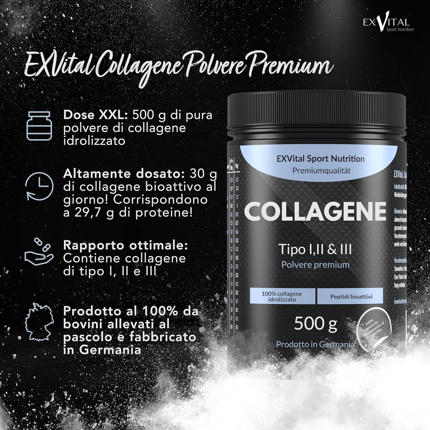 Barattolo nero Collagene Pulvere Premium, tipo I, II & III, 500g. 100% collagene idrolizzato. Peptidi bioattivi. Germania.