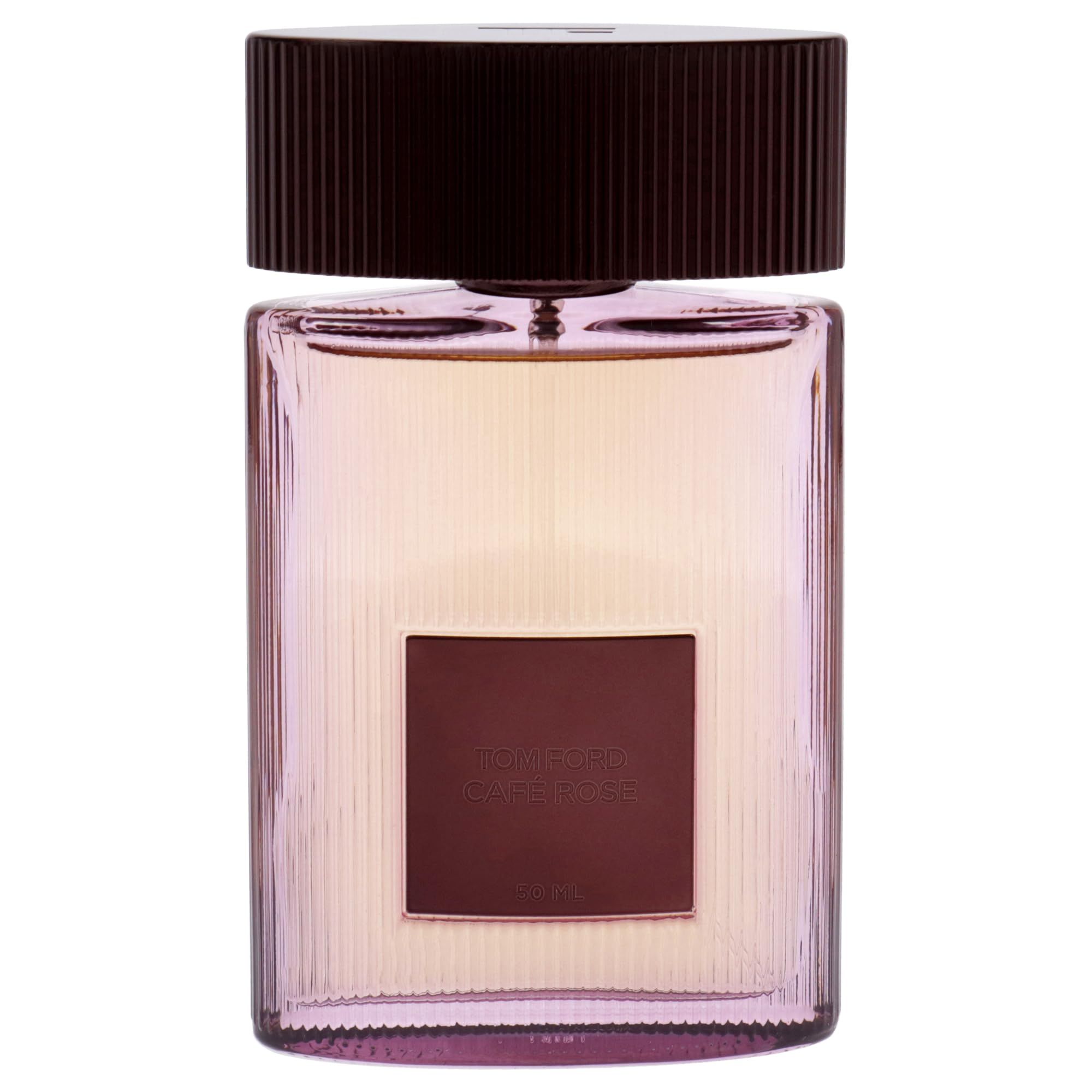 Flacone di profumo con tappo marrone ed etichetta rettangolare. Vetro scanalato. Testo sull'etichetta.