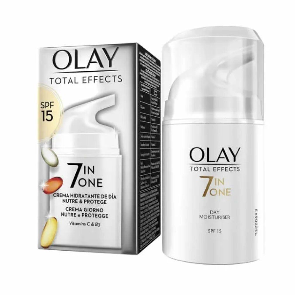 Erogatore di crema e confezione. Olay Total Effects 7 in One, Day Moisturiser, SPF 15. Erogatore bianco, testo bianco, confezione con immagine del prodotto.