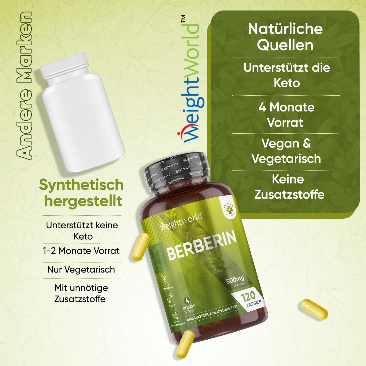 Immagine del prodotto capsule di berberina in bottiglia. Contiene informazioni su ingredienti e caratteristiche.