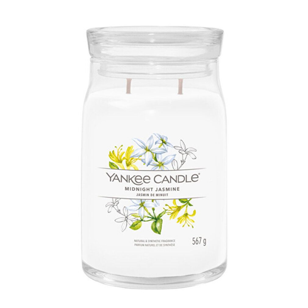 Candela Yankee Candle Midnight Jasmine grande in vetro con coperchio. Decorazione floreale, 567g. Scritta: Yankee Candle, Midnight Jasmine.