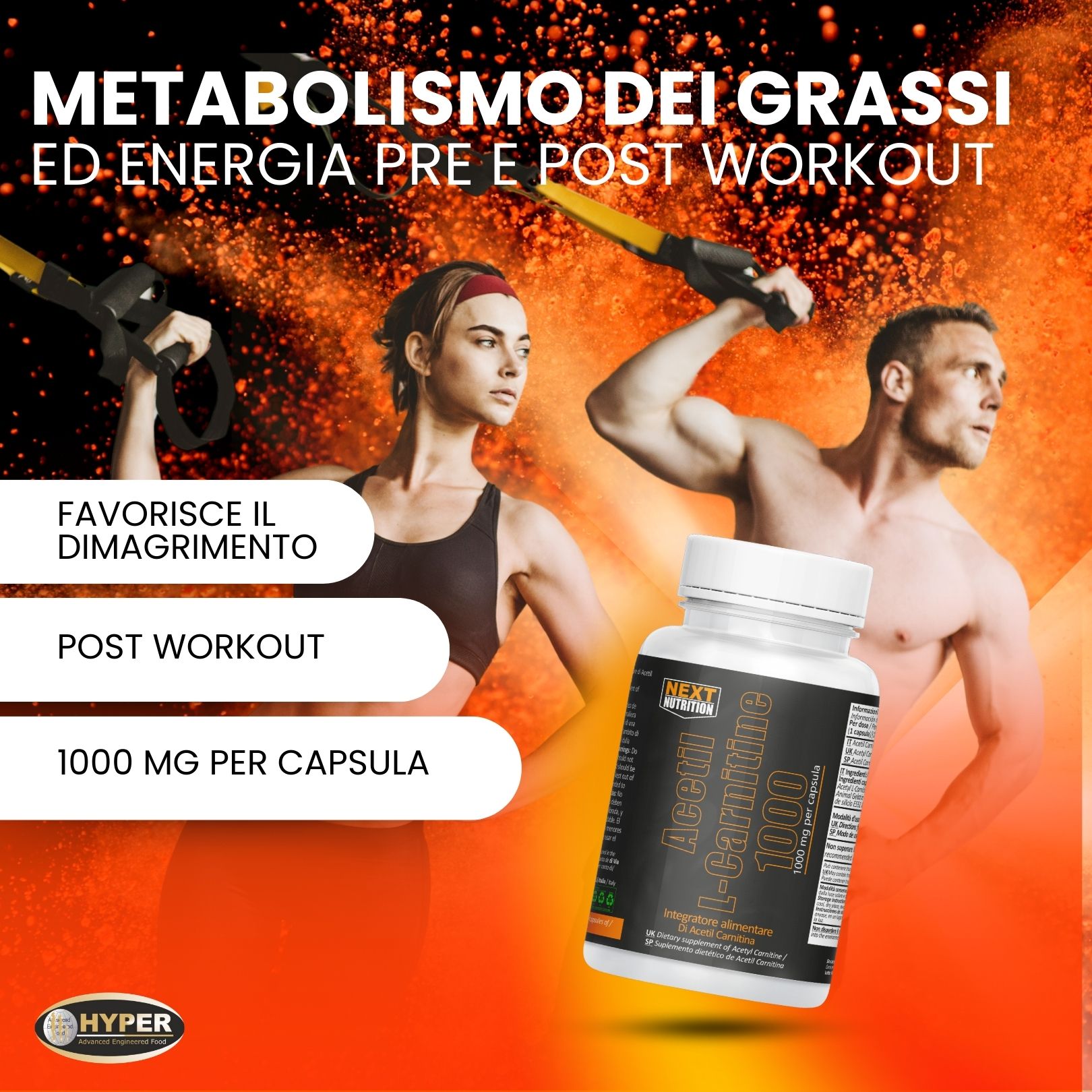 Flacone di Acetil L-Carnitina 1000 mg vicino a persone che si allenano, testo sull'energia.
