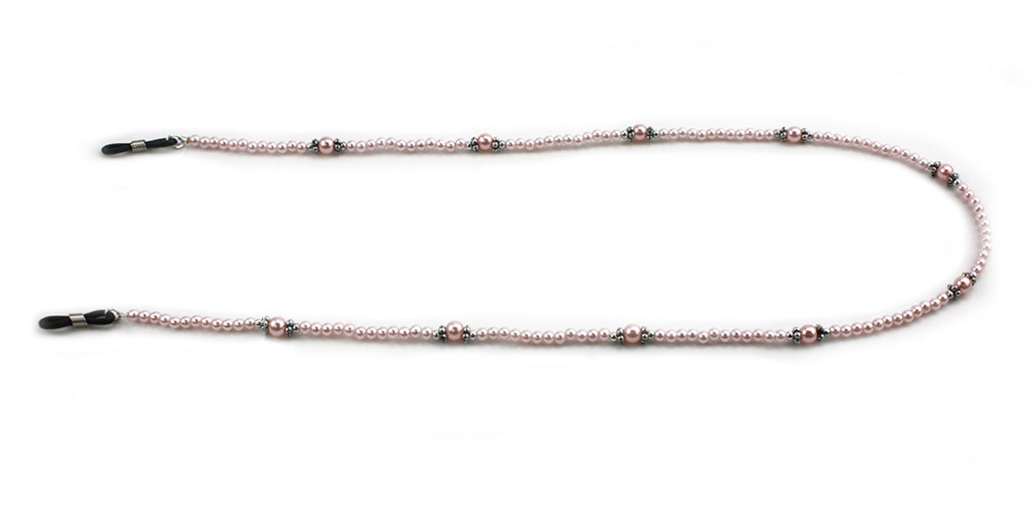Catenina per occhiali con perle rosa e terminali neri, a forma di U.
