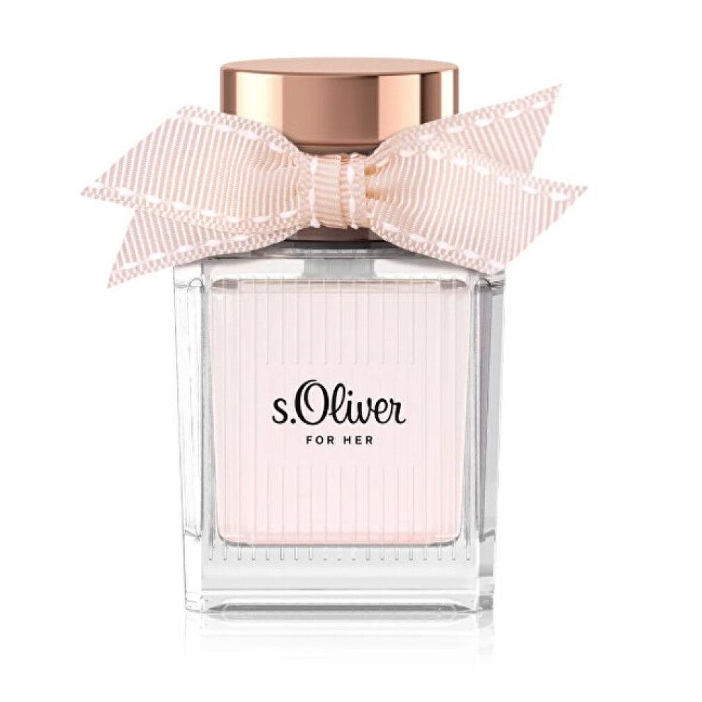 Flacone quadrato in vetro con contenuto rosa, tappo dorato e fiocco. Scritta: s.Oliver FOR HER.