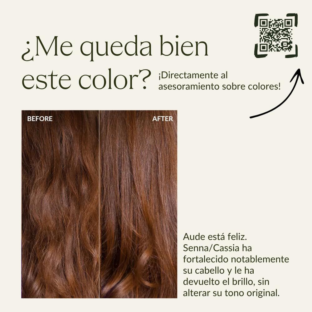 Confronto prima-dopo dei capelli. Testo: ¿Me queda bien este color? Codice QR. Senna/Cassia ha rinforzato i capelli.