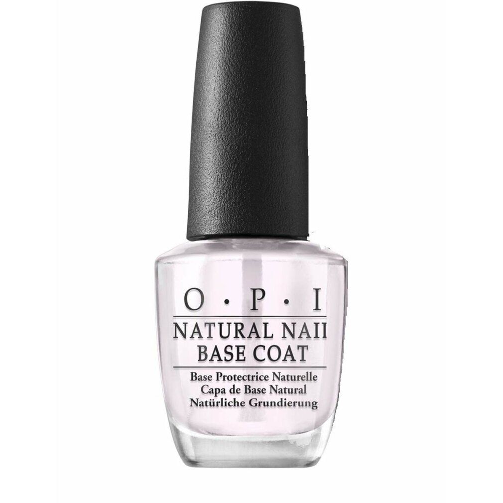 Base coat O.P.I Natural Nail. Liquido trasparente in flacone di vetro con tappo nero. Scritta del prodotto.