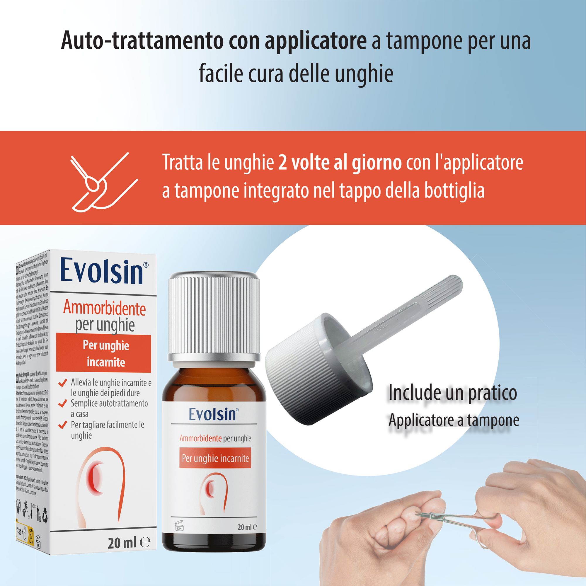 Flacone Evolsin Ammorbidente per unghie e applicatore. 20 ml. Donna taglia le unghie.