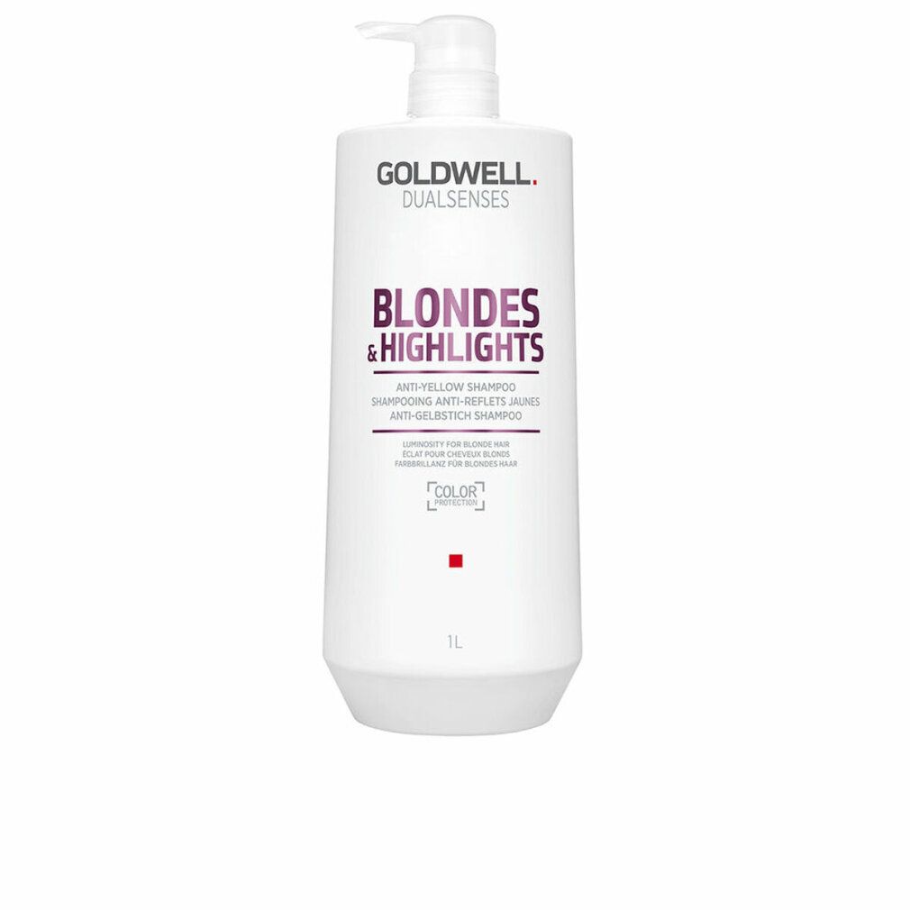 Flacone bianco Goldwell Shampoo con pompa. Scritta: Blondes & Highlights, Shampoo anti-giallo. 1L.