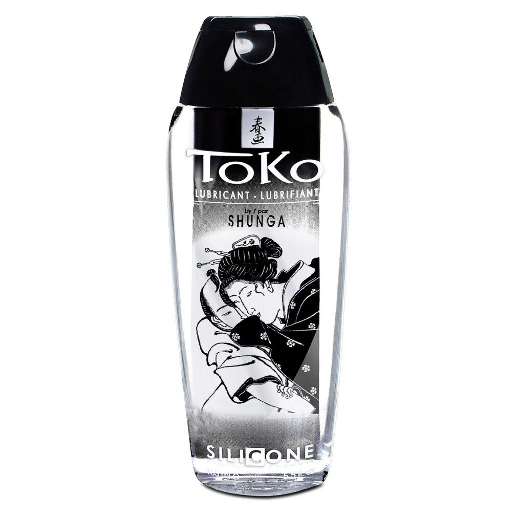 Flacone trasparente con tappo nero. Scritta: Toko Lubricant, Shunga, illustrazione femminile. Parola: Silicone.