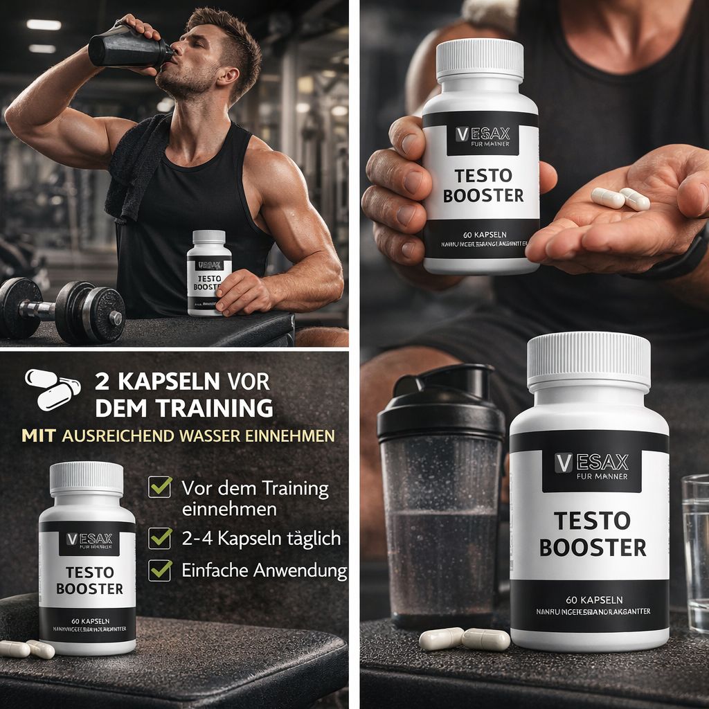 Collage: Uomo beve da shaker, barattolo Vesax Testo Booster, mani con capsule, attrezzatura da palestra.