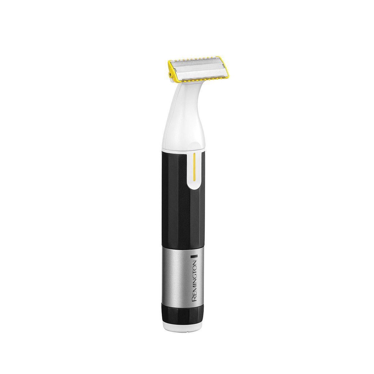 Trimmer nero e bianco con dettagli gialli. Il trimmer ha una sezione argentata con il marchio Remington.