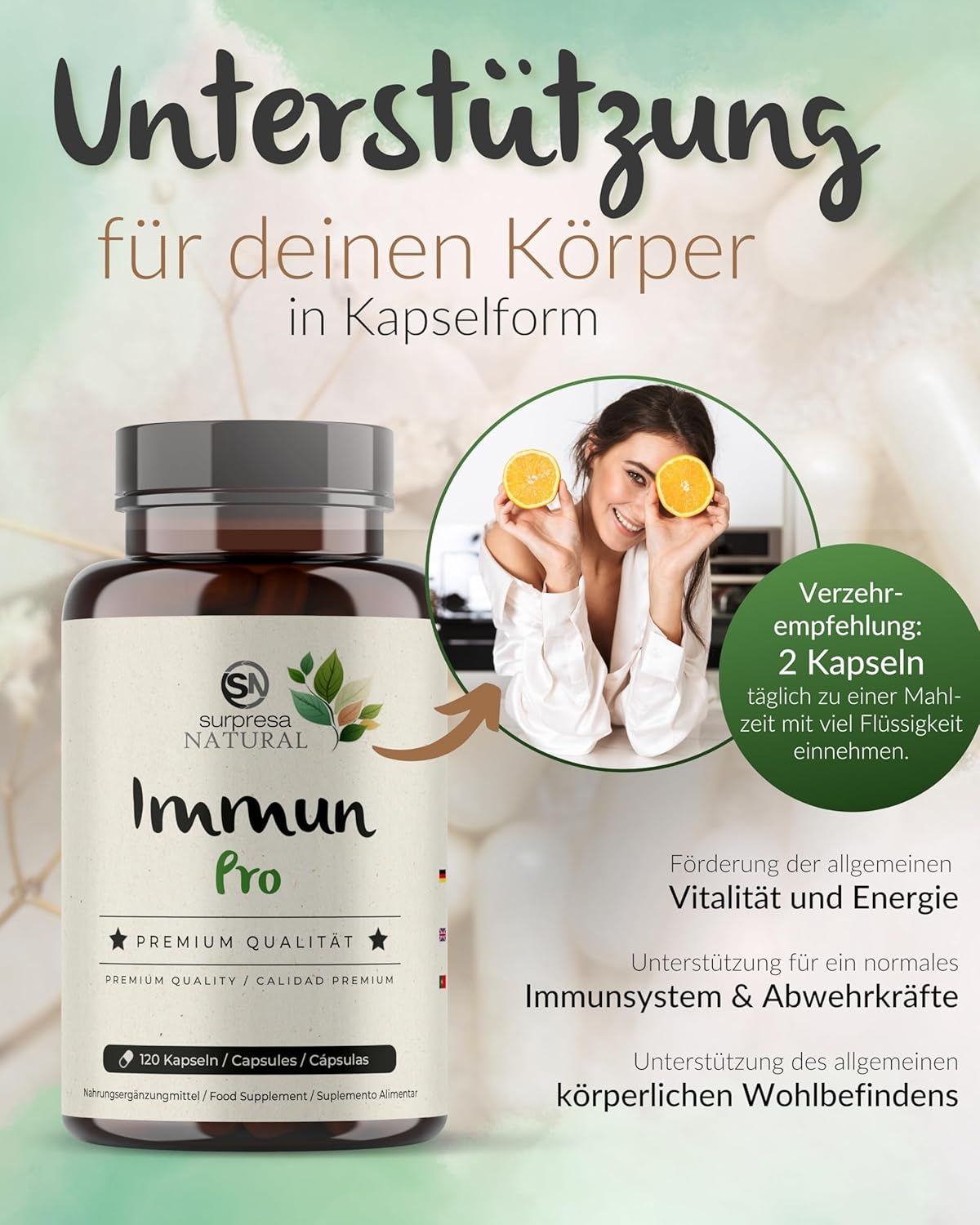 Donna con arance davanti agli occhi, flacone Surpresa Natural Immun Pro. Testo: Supporto per il tuo corpo in capsule.