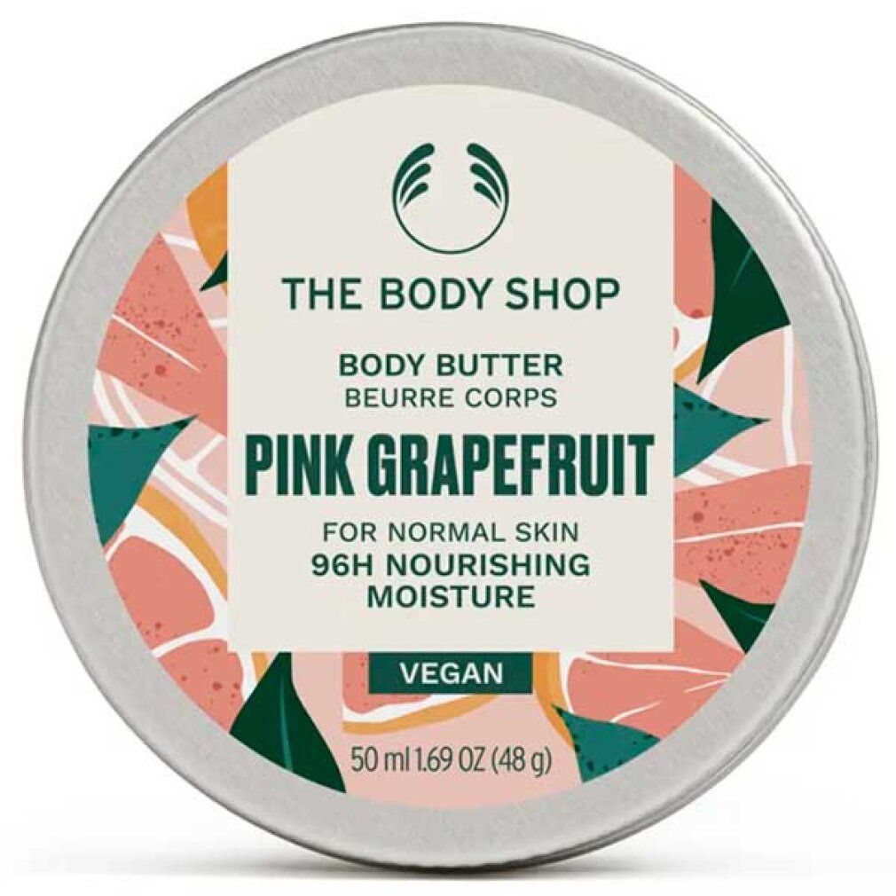 Contenitore rotondo con coperchio. Scritta: Pink Grapefruit Body Butter, per pelli normali, 96H idratazione. Logo vegano.