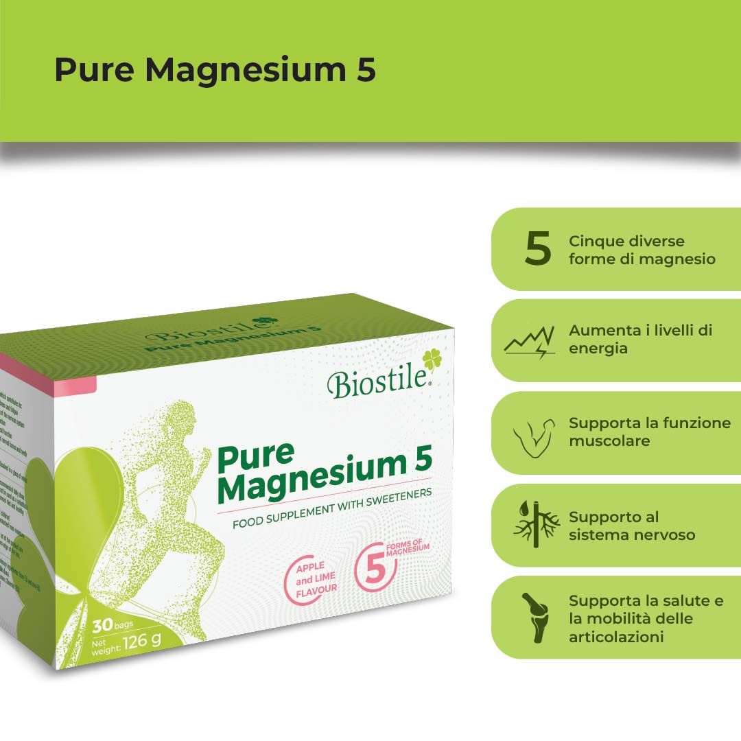 Confezione del prodotto Biostile Pure Magnesium 5. Verde e bianco. 5 forme di magnesio. Supporta la funzione muscolare, il sistema nervoso.