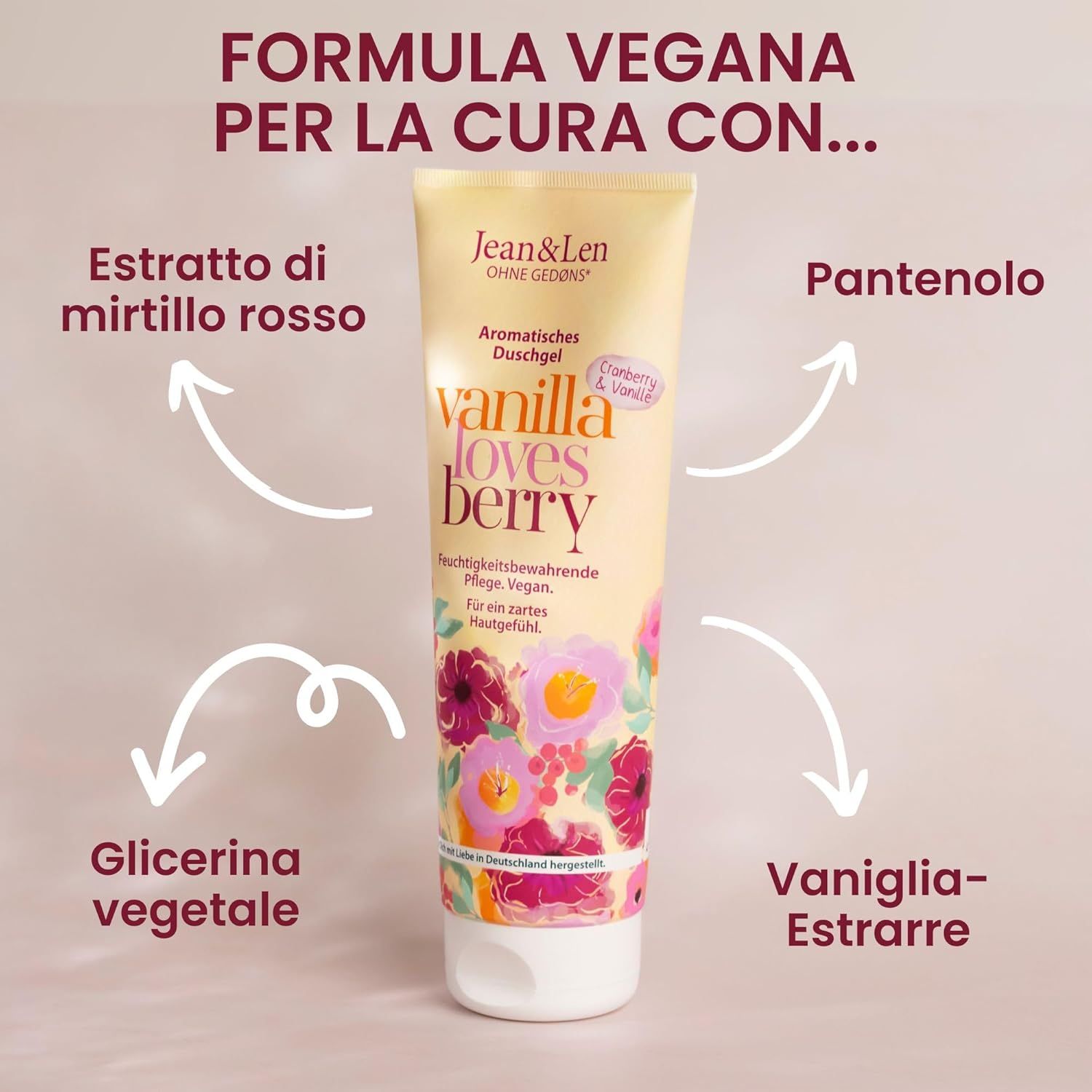 Tubo di gel con testo: Formula vegana con... Estratto di mirtillo rosso, glicerina vegetale, estratto di vaniglia, pantenolo. Nome: Vanilla loves Berry.