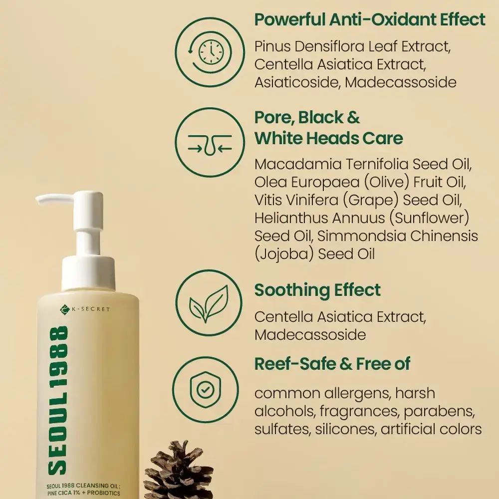 Flacone con dosatore. Testo: SEOUL 1988. Ingredienti e benefici. Pigna.