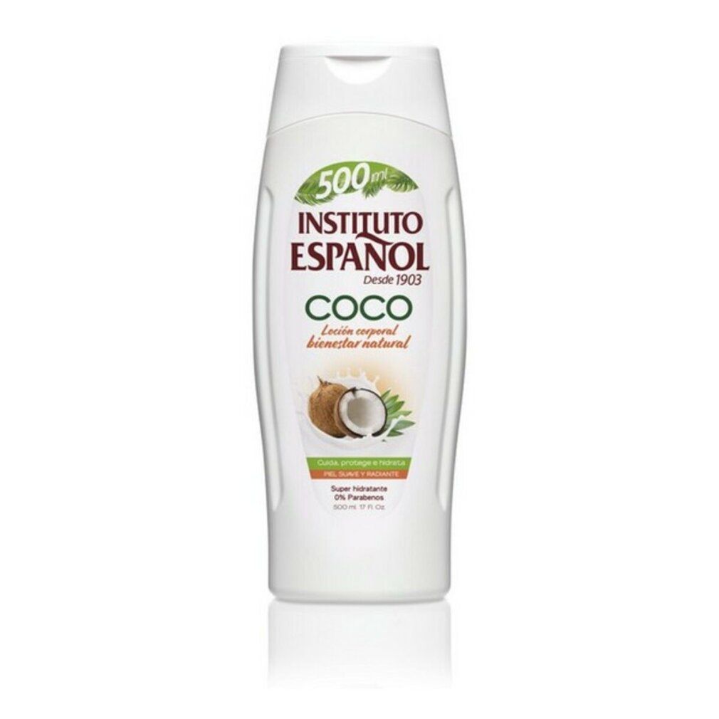 Flacone bianco INSTITUTO ESPAÑOL COCO. Illustrazione cocco. Testo: Loción corporal bienestar natural. 500 ml.
