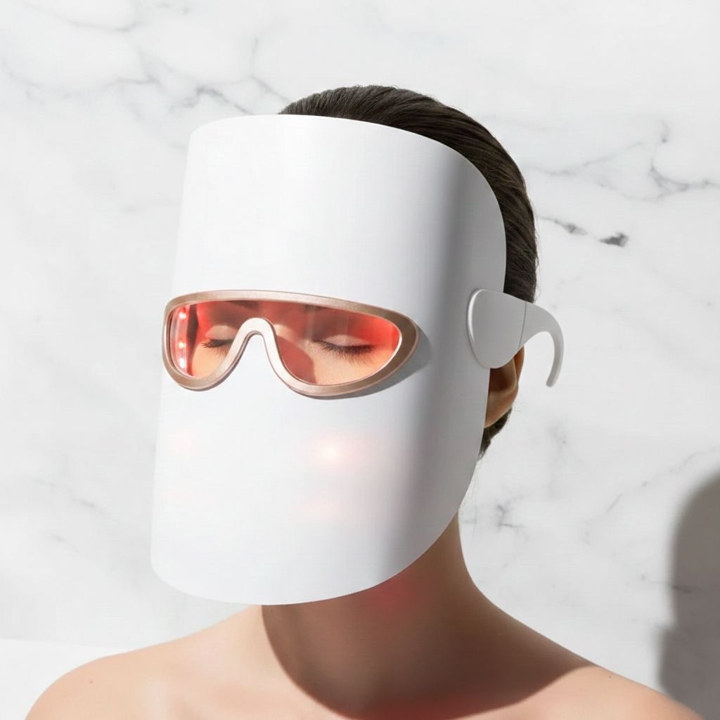 Persona che indossa una maschera bianca per terapia LED con cornice dorata e luci rosse.