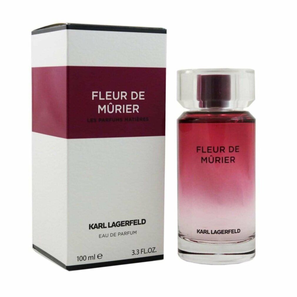 Flacone di profumo e confezione. Scritta: Fleur de Mûrier, Karl Lagerfeld. Flacone con sfumatura da rosa a trasparente.
