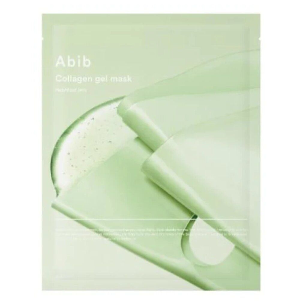 Confezione Abib Collagen Gel Mask Heartleaf Jelly, leggermente aperta, con sovrapposizione di gel.