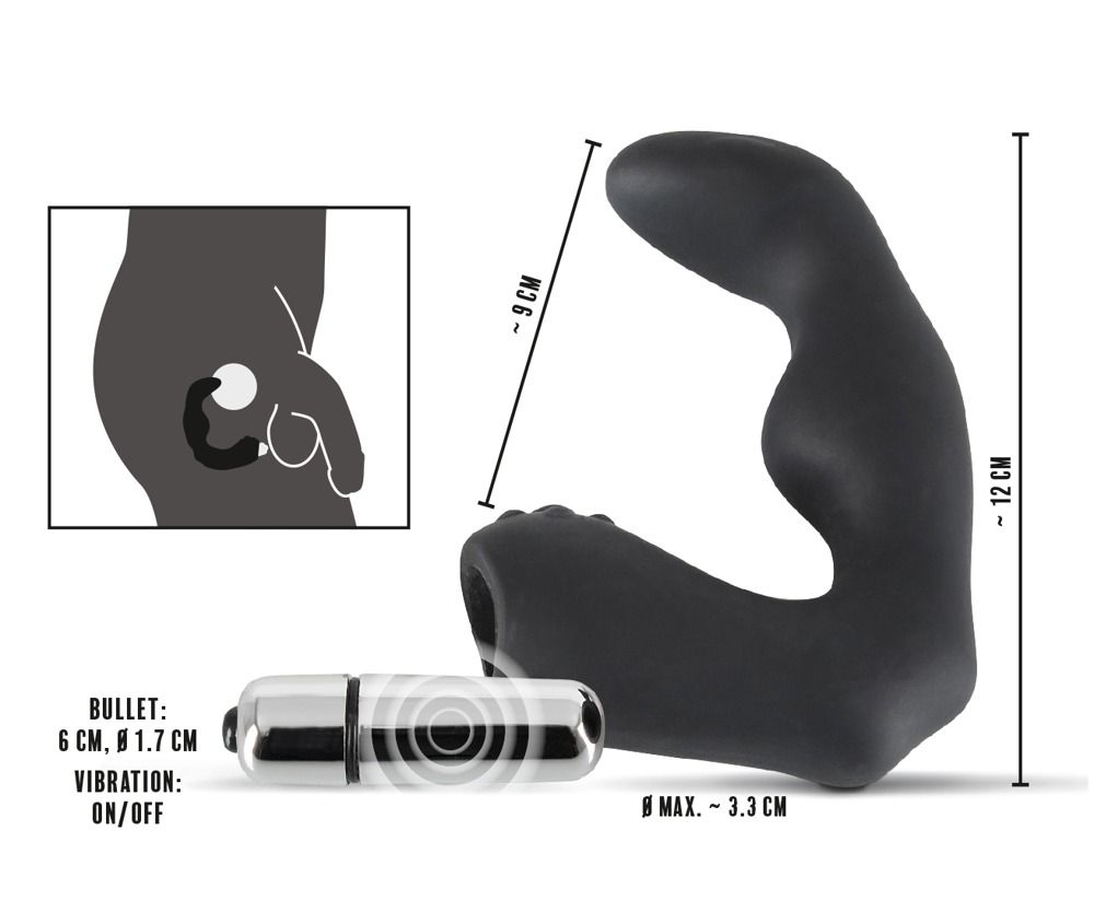 Diagramma con vibratore prostatico e vibro-uovo. Dimensioni: 9 cm altezza, 12 cm lunghezza, max. 3,3 cm larghezza. Vibro-uovo: 6 cm.