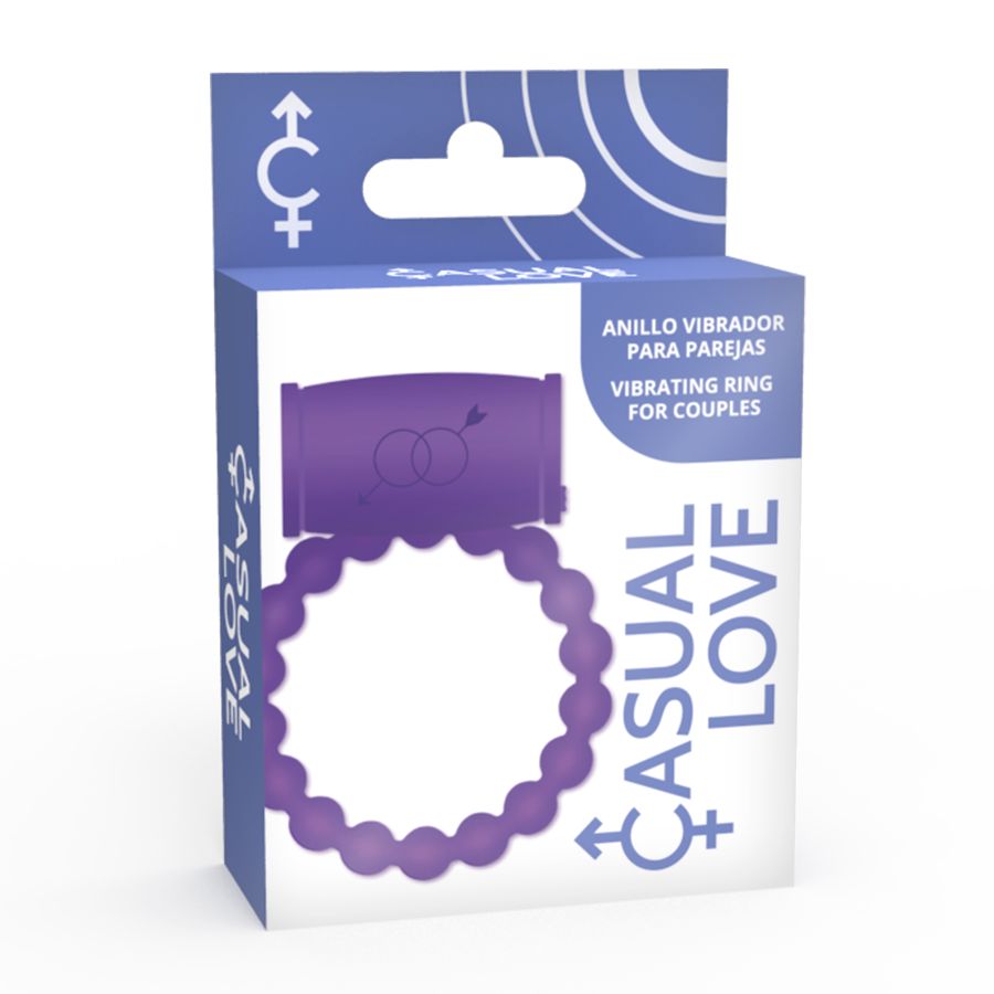 Confezione con anello vibrante viola. Scritta Casual Love e nome del prodotto. Immagine dell'anello.