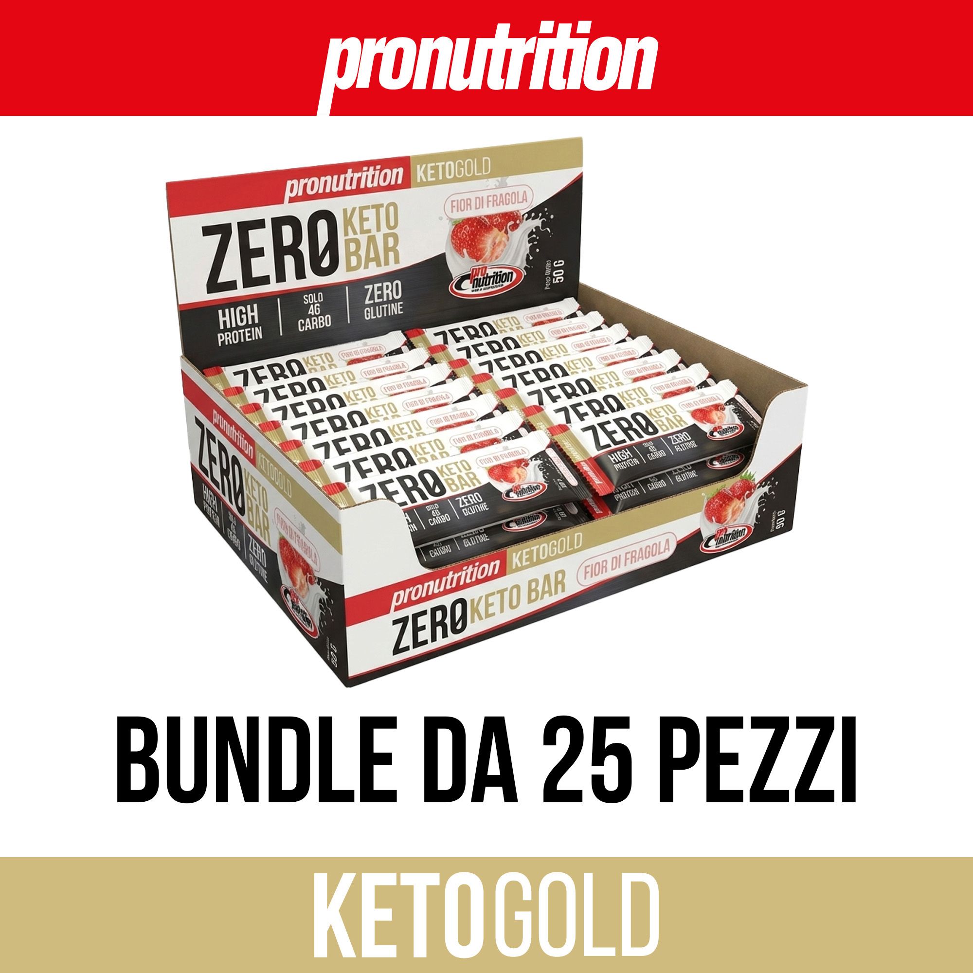 Scatola di barrette Keto. Scritta: Zero Keto Bar, Bundle da 25 pezzi. Logo Pronutrition.
