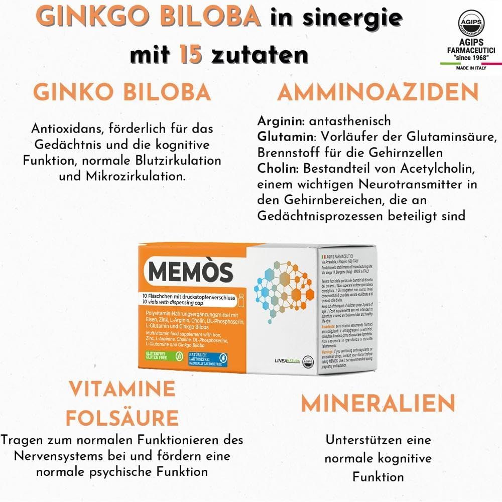 Confezione del prodotto Agips Memos Tabletten. Testo: Ginkgo Biloba, aminoacidi, vitamine, minerali. 10 flaconi con tappo a pressione.