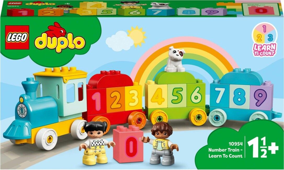 LEGO DUPLO Treno dei numeri. Treno con locomotiva, vagoni numerati 1-9, personaggi, mattoncini e cane. Confezione con immagine del prodotto.