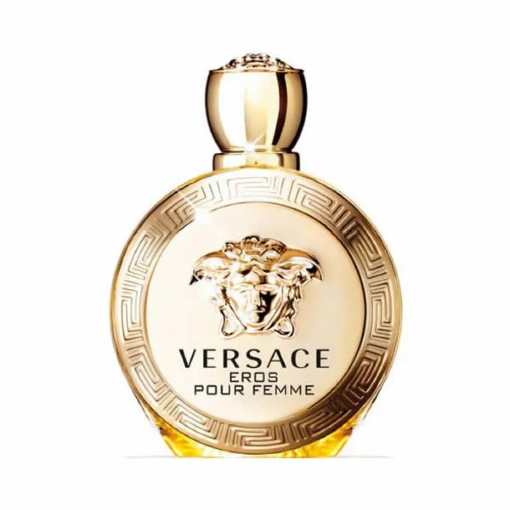 Flacone dorato di forma rotonda. Scritta: VERSACE EROS POUR FEMME. Tappo dorato.