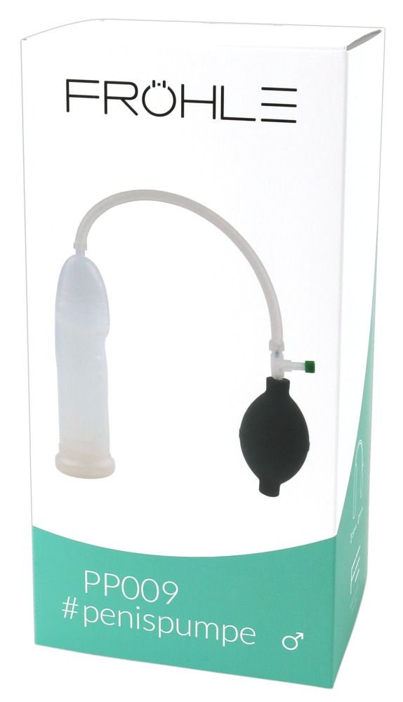 Pompa per pene anatomica con cilindro trasparente, soffietto nero e tubo.