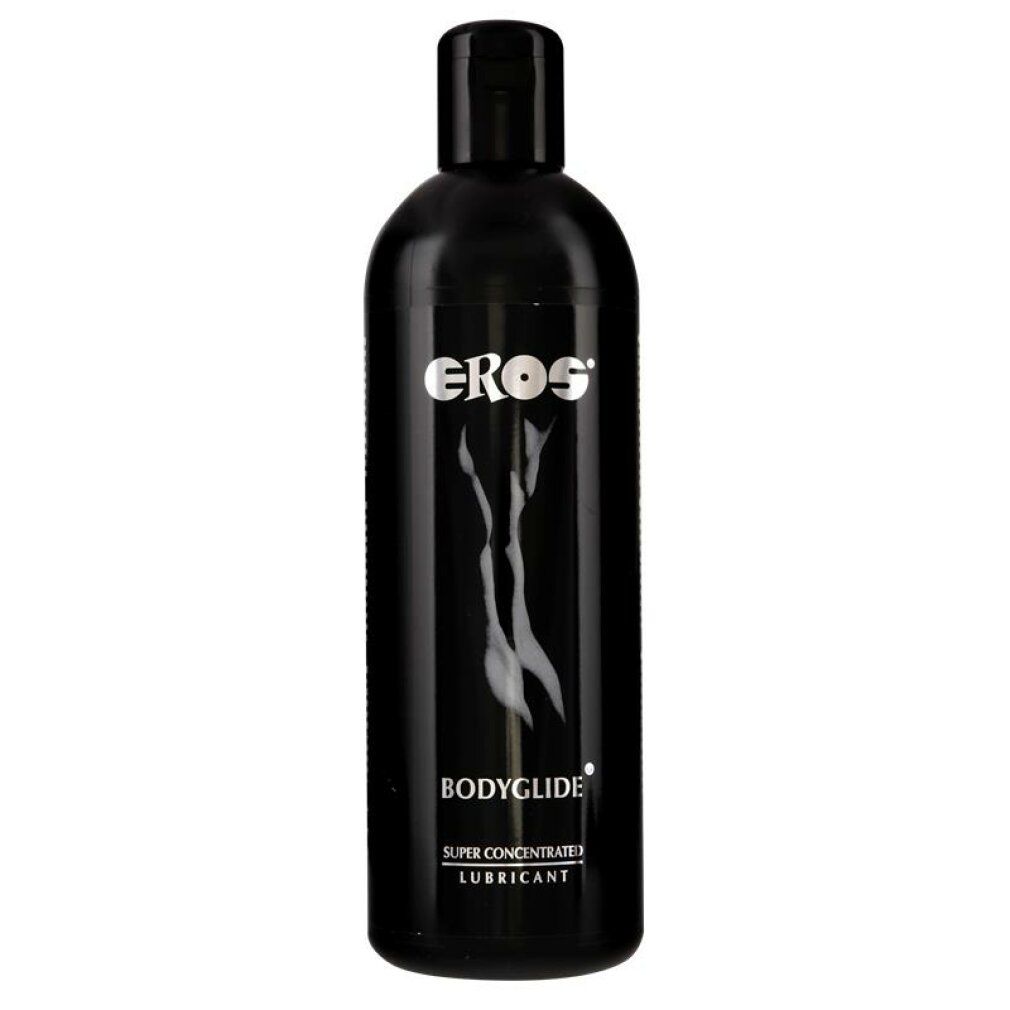 Flacone nero con logo EROS e scritta BODYGLIDE. Contiene un concentrato. Con tappo a ribalta.