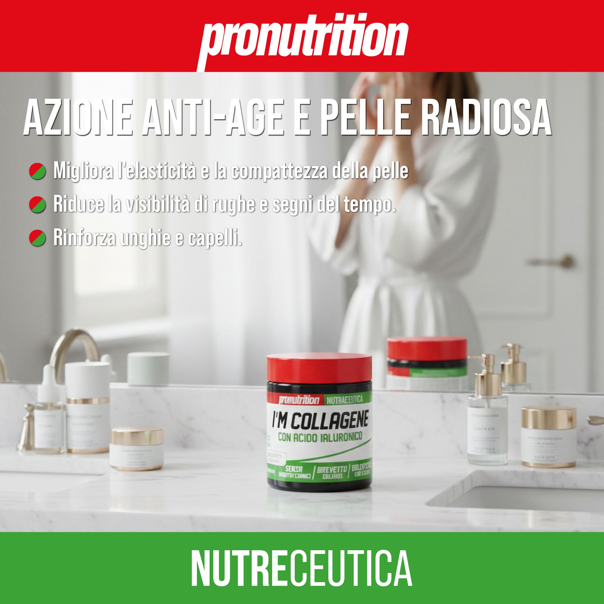 Prodotto su marmo. Testo: AZIONE ANTI-AGE E PELLE RADIOSA. Bagno con specchio, prodotti cosmetici.