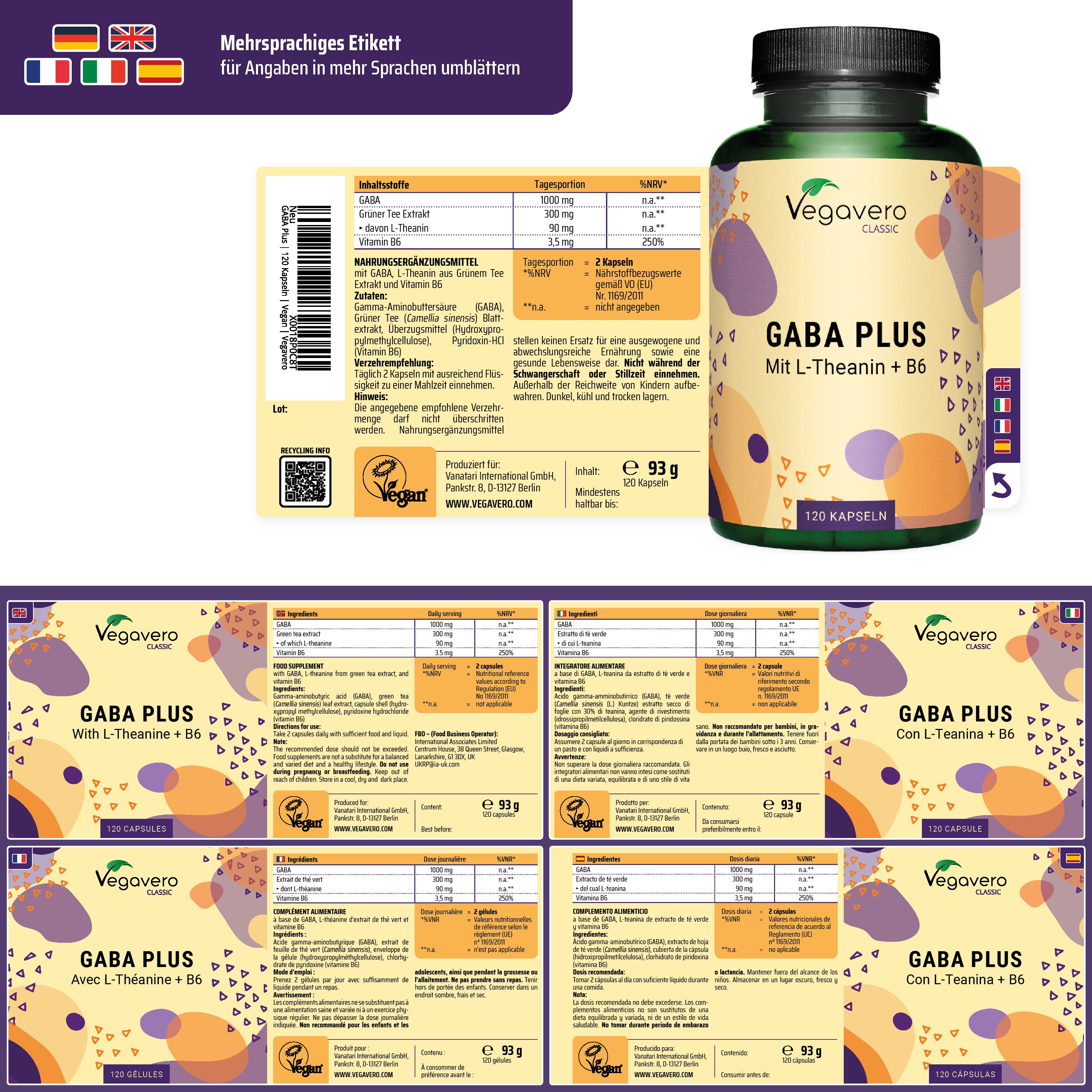 Confezione del prodotto con flacone ed etichette. Etichetta multilingue. Vegavaro Classic GABA PLUS con L-Teanina + B6. 120 capsule.