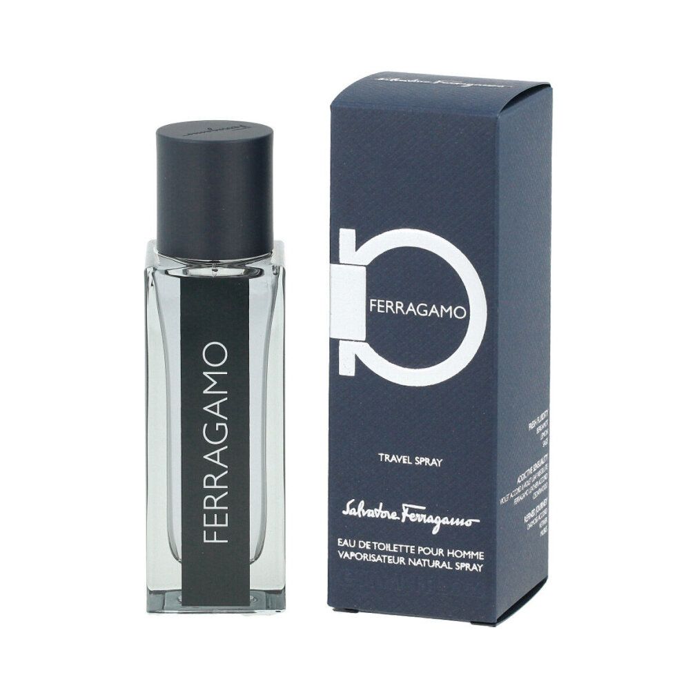 Eau de toilette con confezione. Flacone trasparente con tappo nero. Scritta: FERRAGAMO. Confezione blu con logo e scritta.