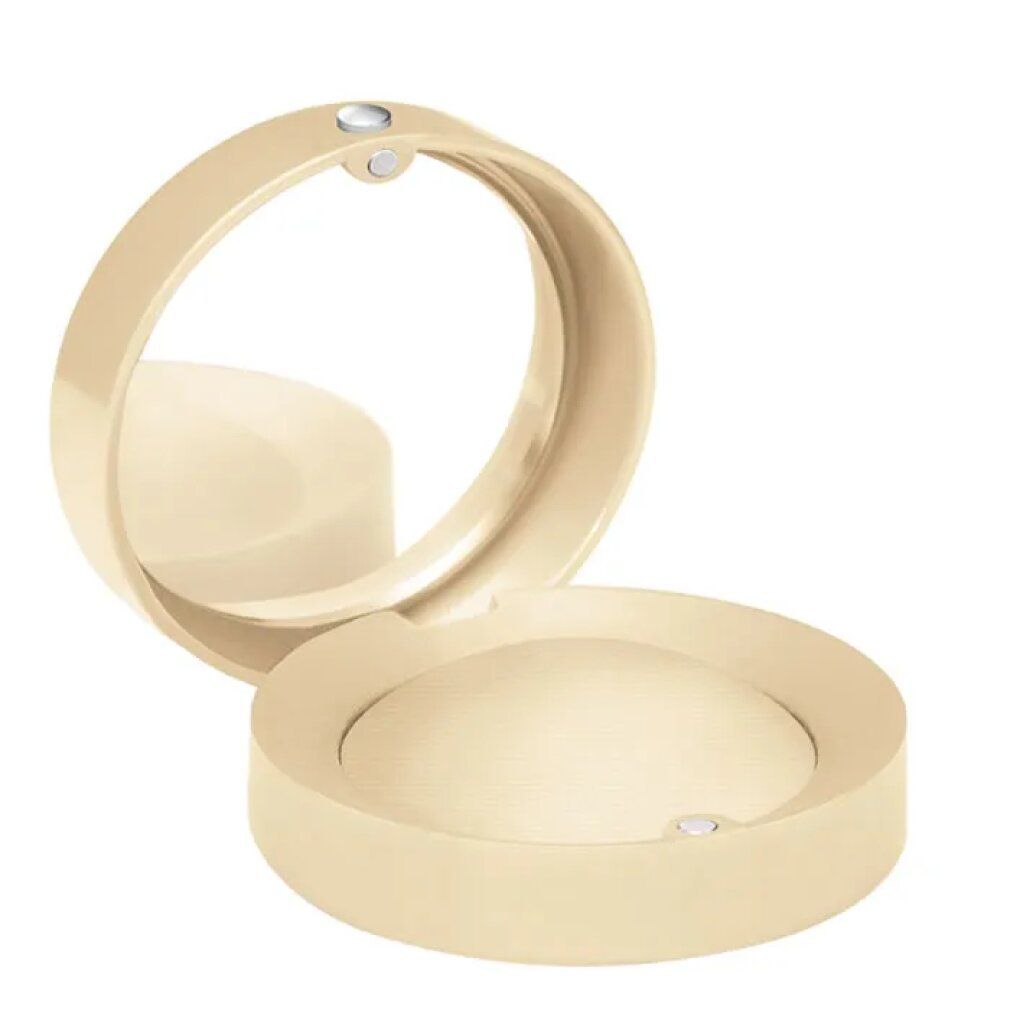 Contenitore rotondo beige chiaro per ombretto con specchio. Aperto, ombretto visibile. Chiusura magnetica.