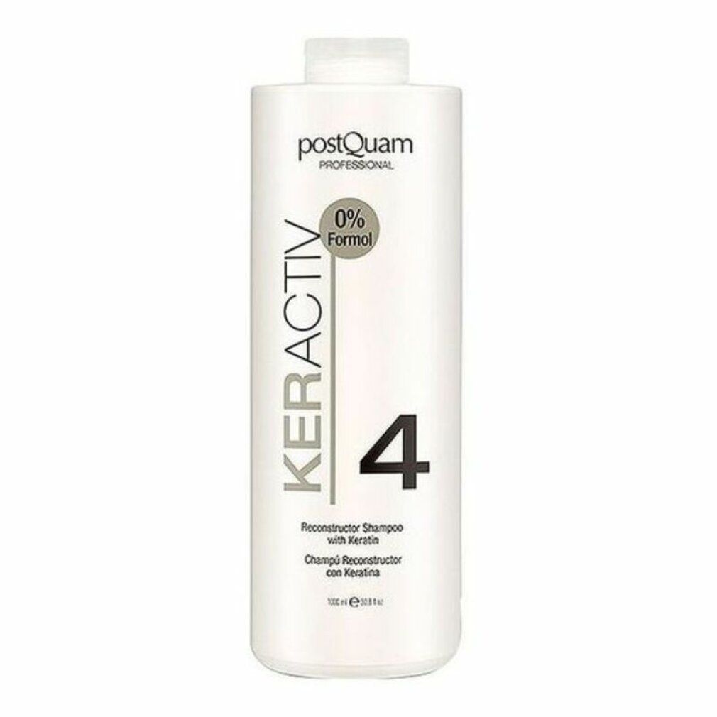 Flacone di shampoo bianco con scritte KERACTIV, 4 e 0% Formol. Testo: Reconstructor Shampoo with Keratin.