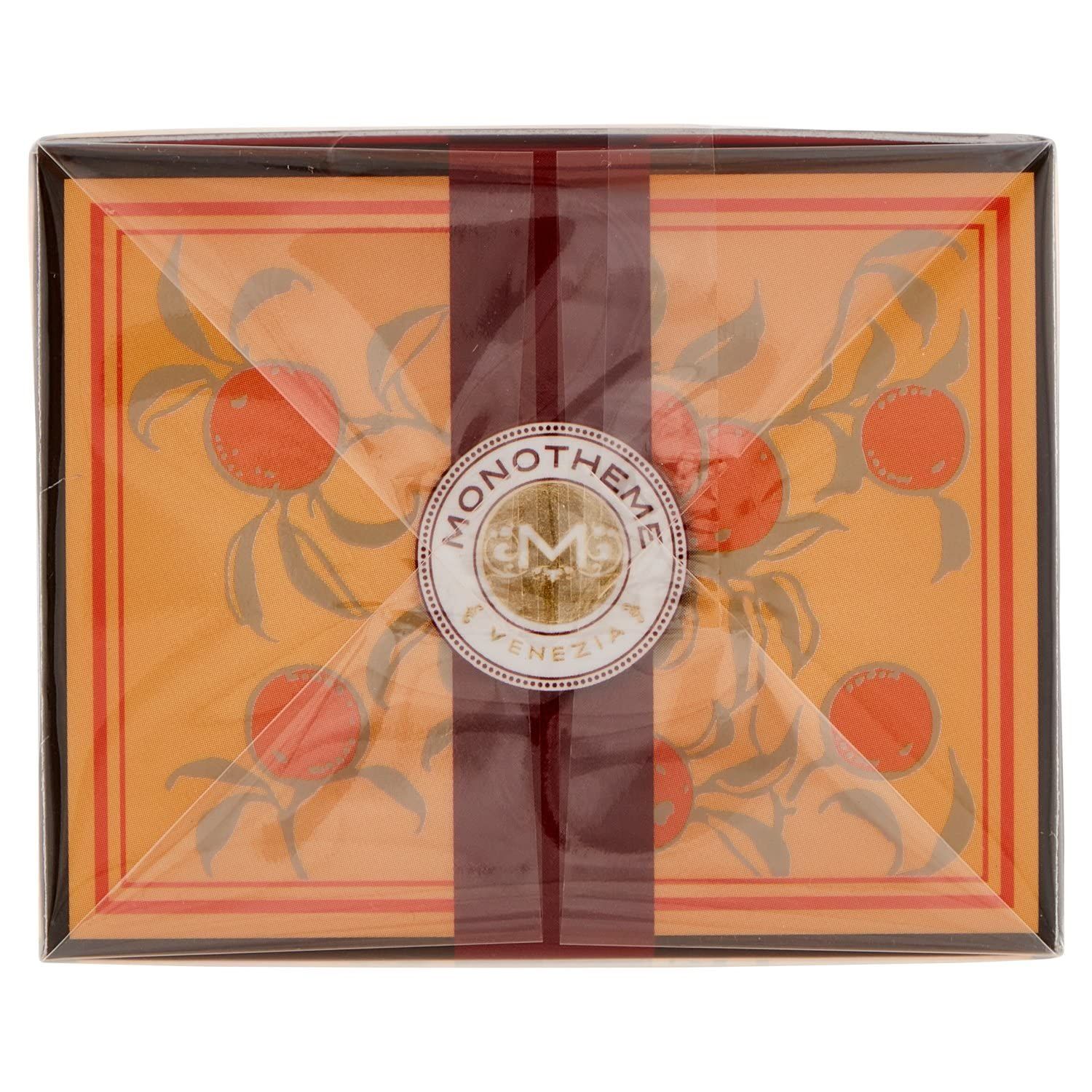 Confezione con design arancione, avvolta da un nastro marrone e il logo.
