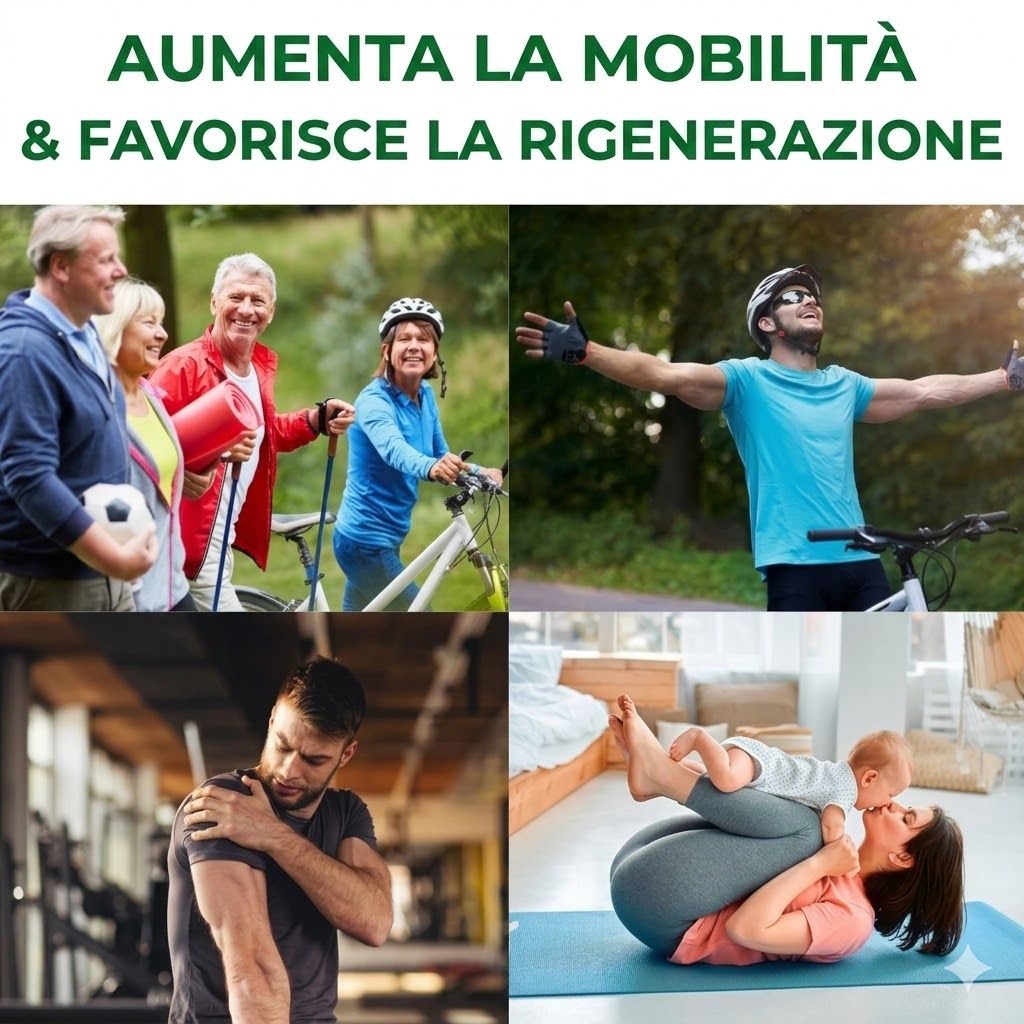 Persone in varie attività. Testo: Aumenta la mobilità e favorisce la rigenerazione. Ciclismo, sport, yoga con bambino.